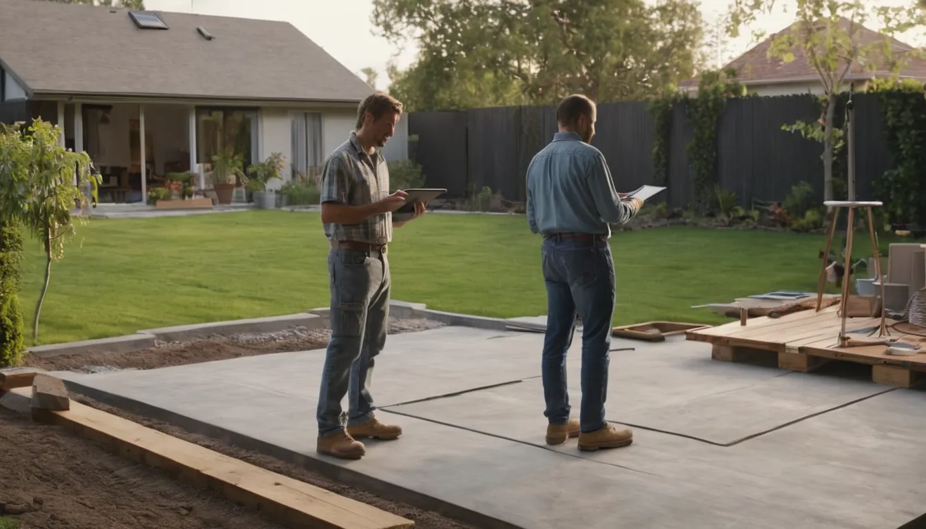 A homeowner reviewing a patio plan with a concrete provider in the Hamel area